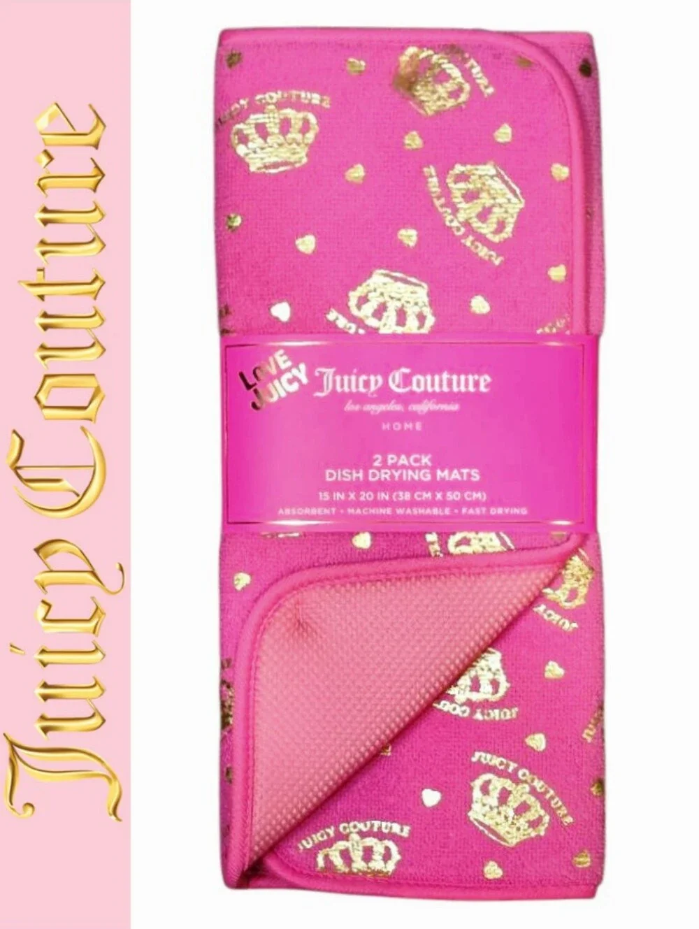 Juicy Couture Home Gold Foil Logo Crown & Heart Print Dish Drying Mats- 2 Pack